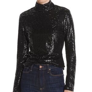 Cinq à Sept Black Sequin Mock Neck Top Long Sleeve Party XS